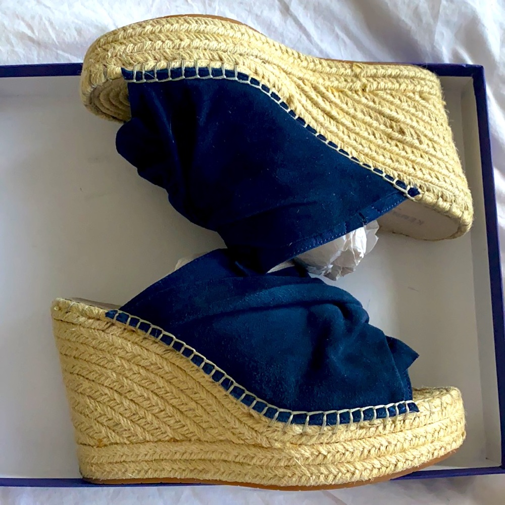 Navy blue suede wedge espadrille sandals